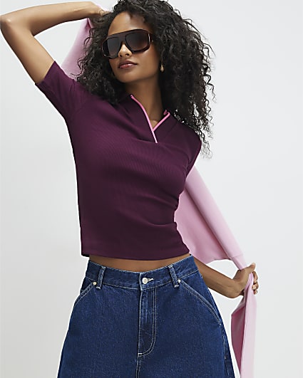 Purple Cotton Blend Ribbed Polo Top