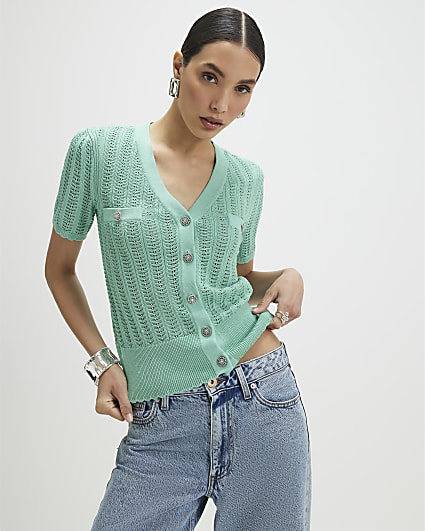Green Short Sleeve Crochet Knit Cardigan
