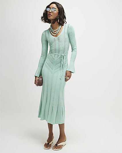 Blue Metallic Flare Knitted Midi Dress