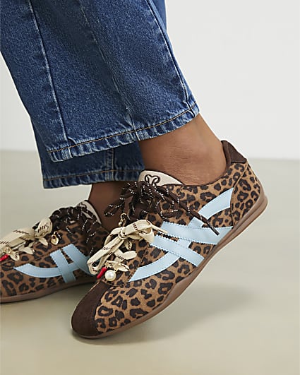 Brown Leopard Print Slim Double Lace Trainers