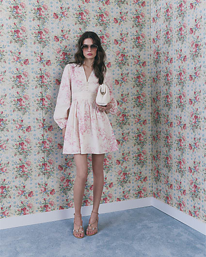 Cream Lace Trim Floral Cotton Mini Dress