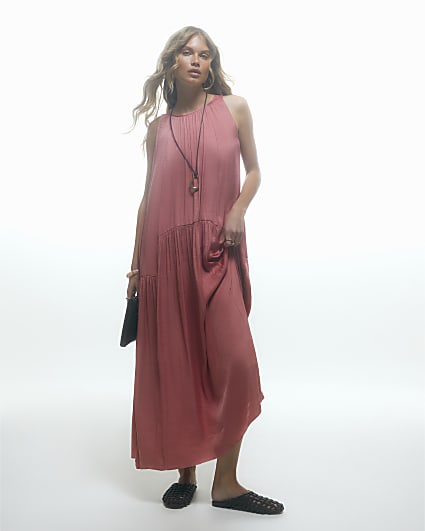Pink Satin Sleeveless Halter Neck Midi Dress