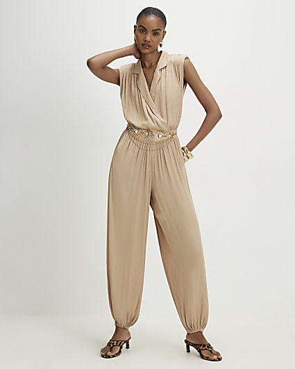 Beige Satin Shoulder Pad Balloon Leg Jumpsuit