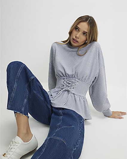 Grey Lace Up Waist Sweatshirt