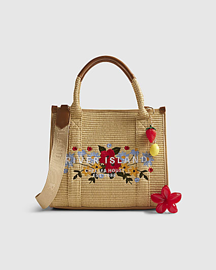Beige Floral Embroidery Raffia Tote Bag