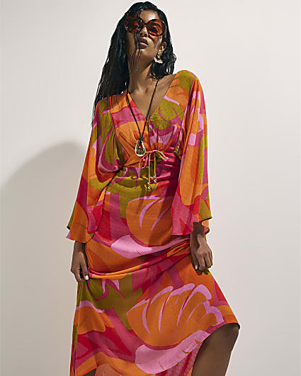 Pink Leaf Print Kaftan Dress