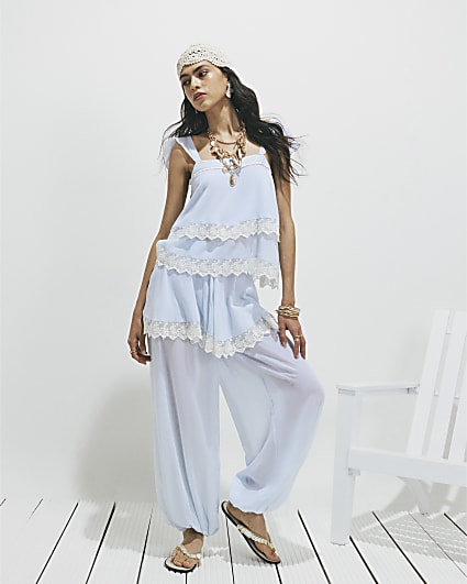 Blue Lace Trim Balloon Leg Trousers