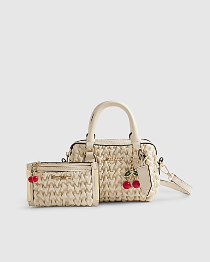 Cream Ruched Mini Bowler Bag Bundle