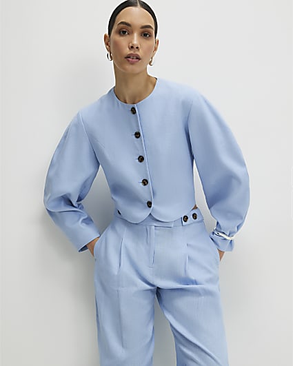 Blue Linen Blend Balloon Sleeve Jacket