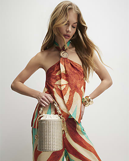 Gold Chain Handle Woven Bucket Bag