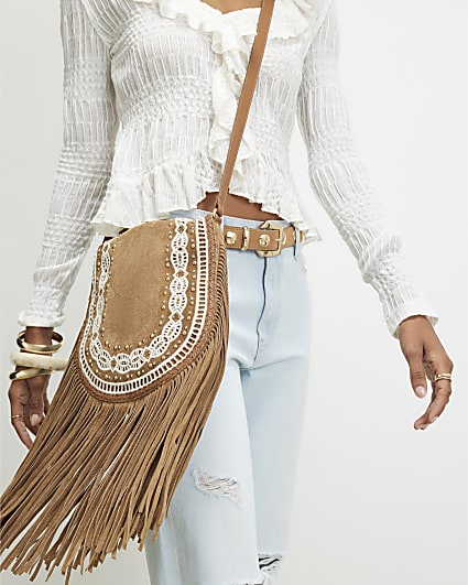 Beige Suede Embroidered Fringe Crossbody Bag