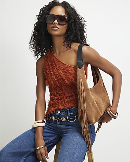 Beige Suede Fringed Slouch Shoulder Bag
