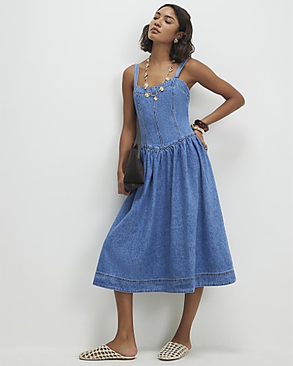 Blue Seamed Midi Denim Swing Dress