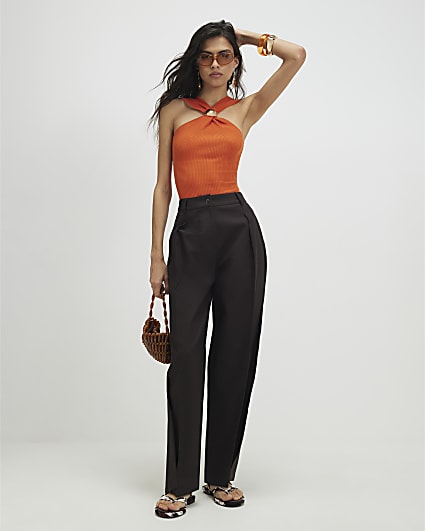 Orange Knitted Halter Neck Brooch Top