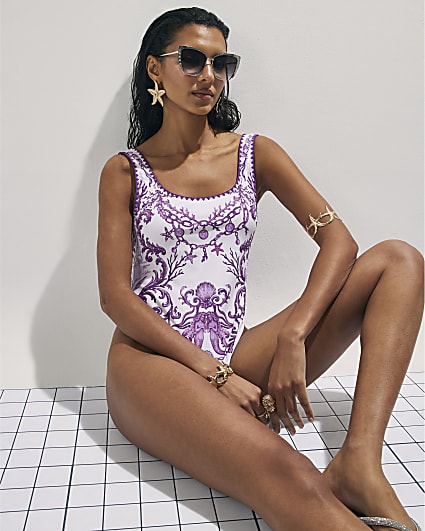 Cream Placement Print Swimsuit