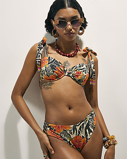 Black Floral Structured Bikini Top
