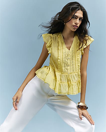 Yellow Cotton Blend Beaded Smock Blouse