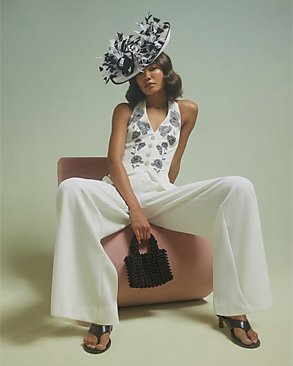 White Premium Halter Embroidered Jumpsuit