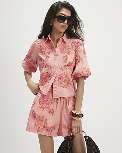 Pink Cotton Puff Sleeve Cornelli Shirt
