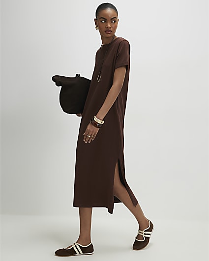 Brown Cotton T-Shirt Midi Dress