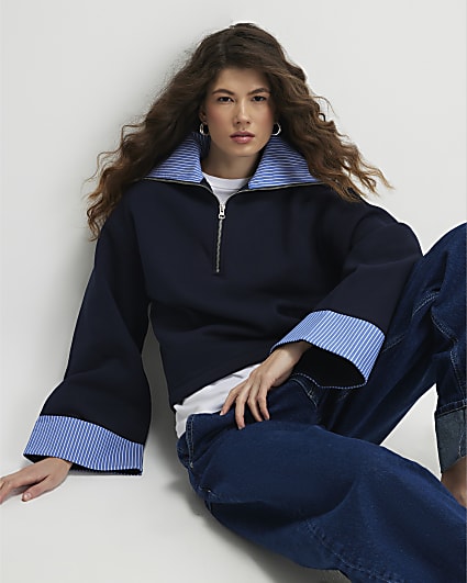 Navy Long Sleeve Stripe Half Zip Sweatshirt