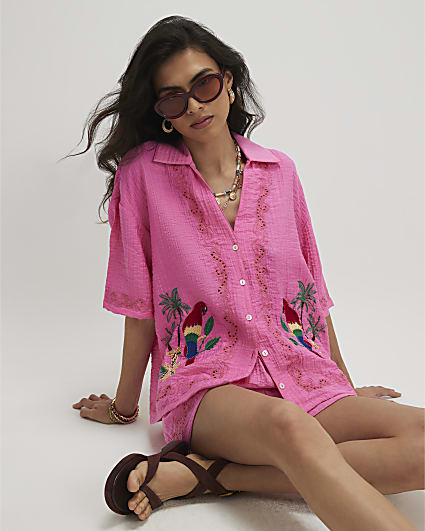 Pink Cotton Blend Parrot Broderie Top