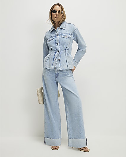 Blue Turn Up Hem Wide Leg Jeans
