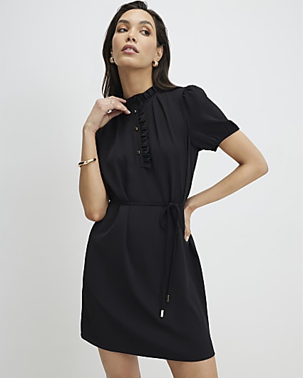 Black Frill Trim Short Sleeve Mini Dress