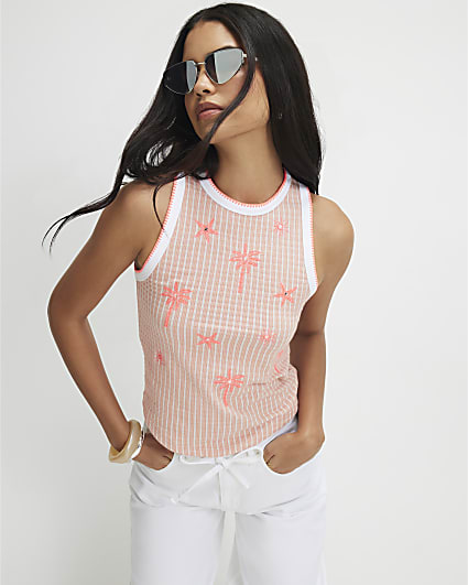 Pink Stripe Palm Tree Embroidered Tank Top
