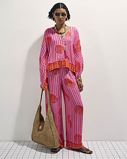Pink Shell Print Wide Leg Trousers