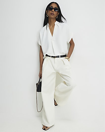 Cream Notch Neck Short Sleeve Top