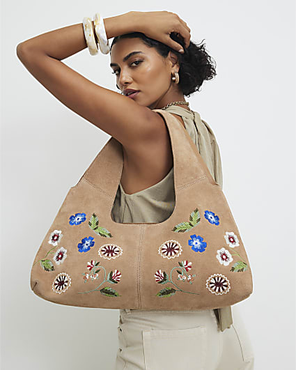 Beige Suede Floral Embroidered Slouch Bag