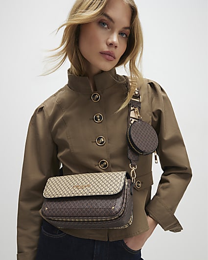 Brown Monogram Print Cross Body Bag