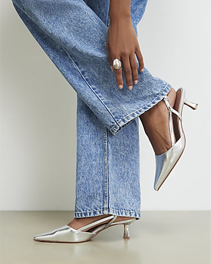 Silver Slingback Low Court Heels