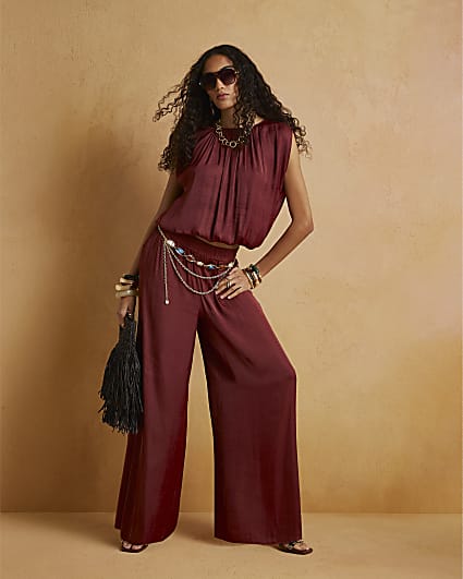 Brown Satin Elasticated Flowing Trousers