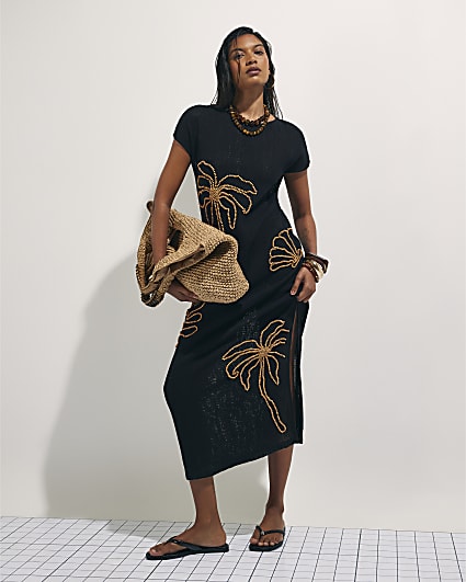 Black Knit Beaded Midi Beach Dress