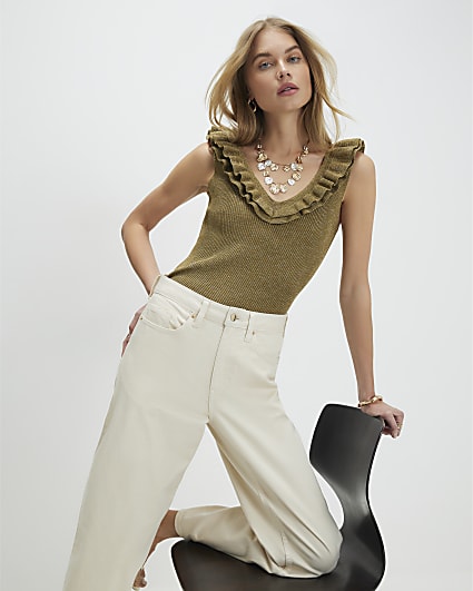 Gold Knitted Frill Trim Vest Top