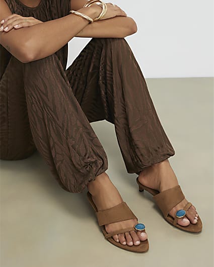 Brown Skinny Heel Toe Gem Sandals