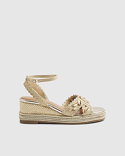 Gold Cross Strap Shell Detail Wedge Sandals