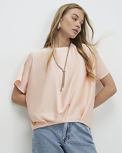 Pink Tuck Hem Satin T-Shirt