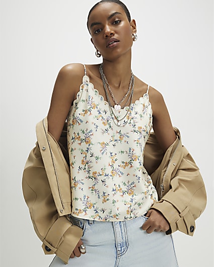 Blue Satin Scallop Trim Cami Top | River Island