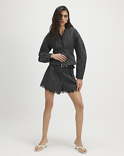 Black Pinstripe Lace Trim Shorts