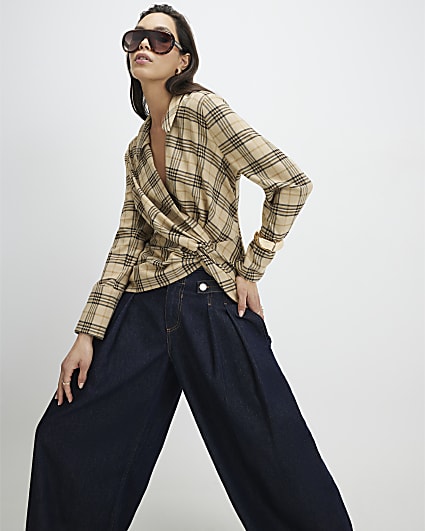 Beige Check Print Twist Detail Collared Top