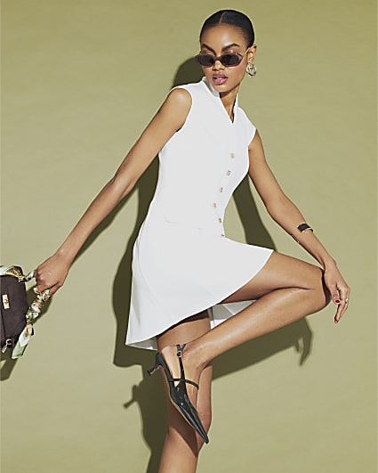 White Button Up Structured Mini Dress