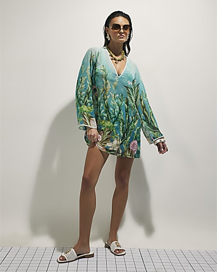 Blue Lotus Print Beach Tunic