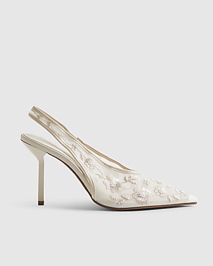 Cream Embroidered Mesh Court Heels