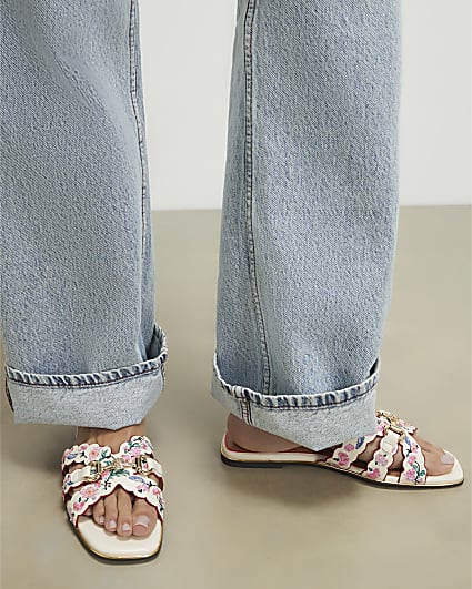 White Embroidered Flat Sandals