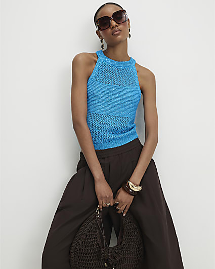 Blue Knitted Pointelle Sequin Vest Top