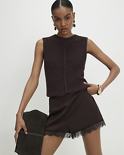 Brown Knitted Sleeveless Tank Top