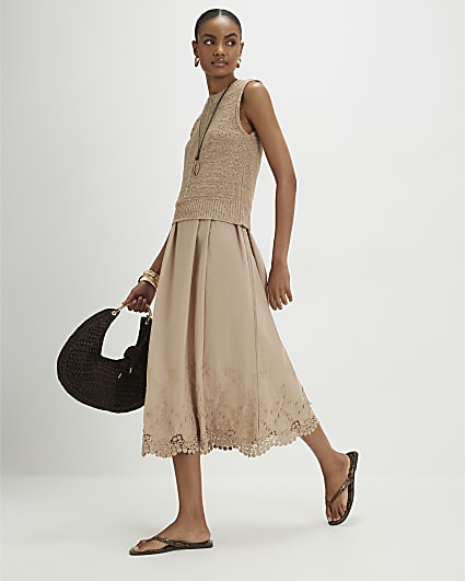Beige Knitted Ribbed Midi Dress | River Island